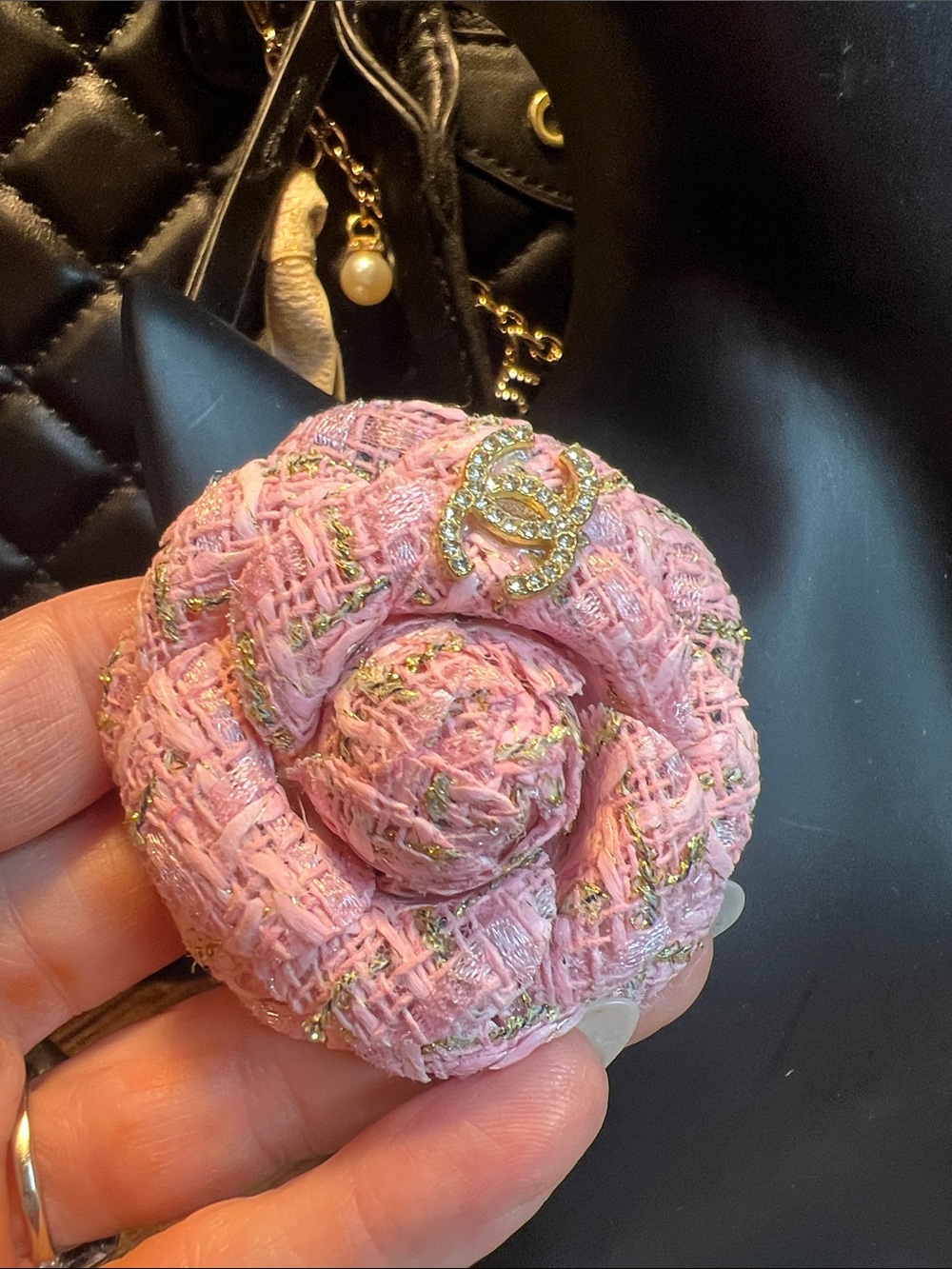 Pink Tweed Camellia Brooch with Gold-Tone